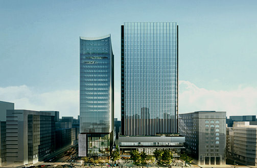 Panoramic view of the Kyobashi Saiku district, consisting of Museum Tower Kyobashi and TODA BUILDING. The area was redeveloped as an urban space where art and culture are in harmony.