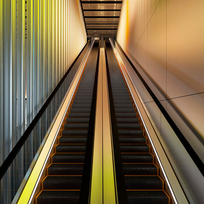 ミュージアムタワー京橋の1〜3階をつなぐエスカレーター空間「Switch」。