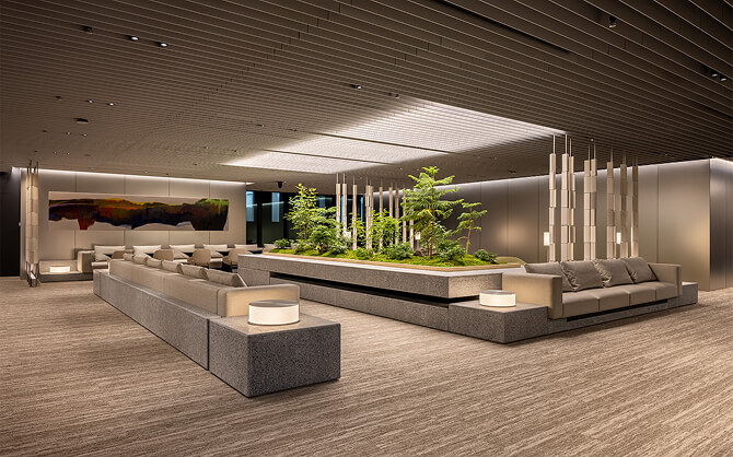 自然要素を取り入れた、ミュージアムタワー京橋3階オフィスラウンジ「Tuning」。